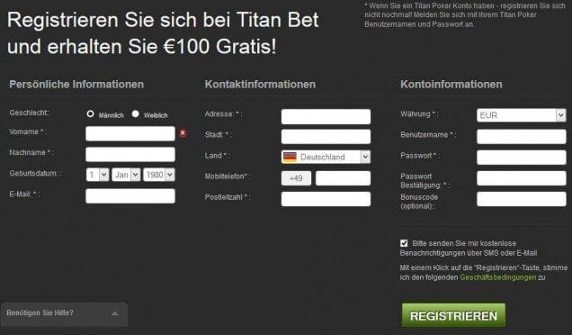 Titanbet Informationen - Online Formular