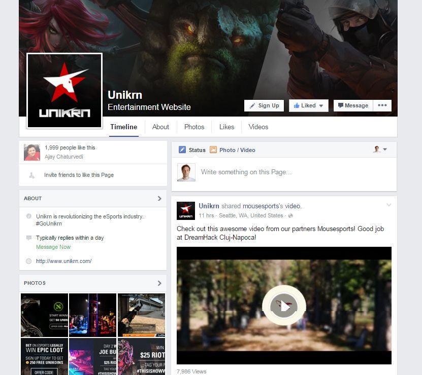 Facebook Seite von Unikrn