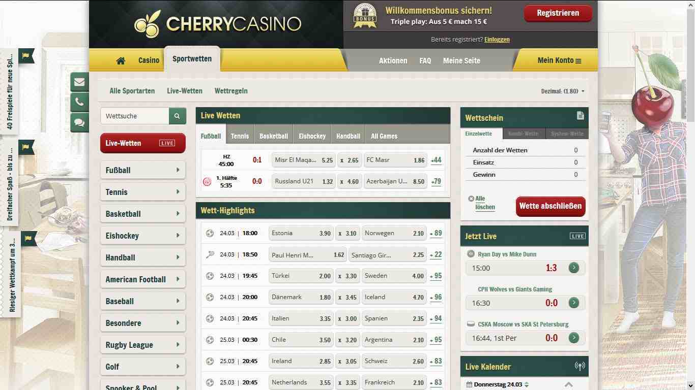 Cherry Casino Sportwetten - Webseite
