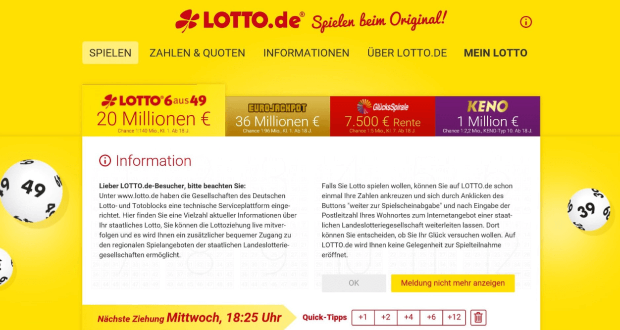 Lotto.de begrüßt ansehnlich aber mit zu viel Text.